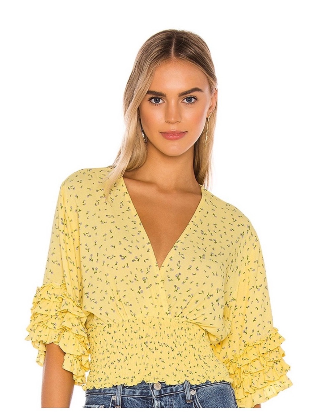 Faithfull the Brand Yellow Floral Smocked V-Neck Blouse